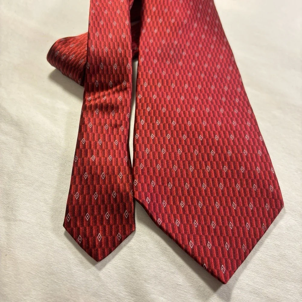 Vtg Murano Mens Necktie Tie Red Grey Geometric Silk 58